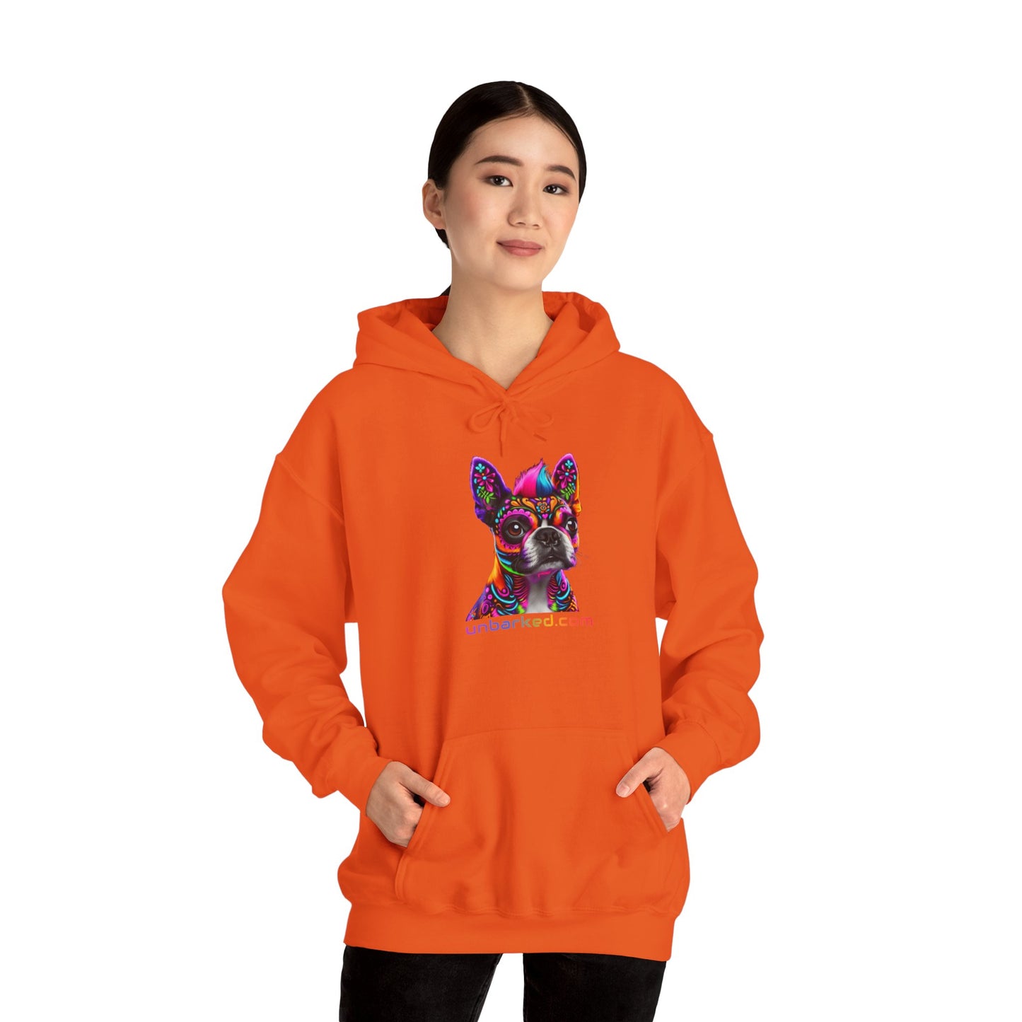 Hooded Sweatshirt UNBARKED! Halloween Collection - Boston Terrier Dog Vibrant Día de Muertos Tattoo Hoodie Unisex Heavy Blend™