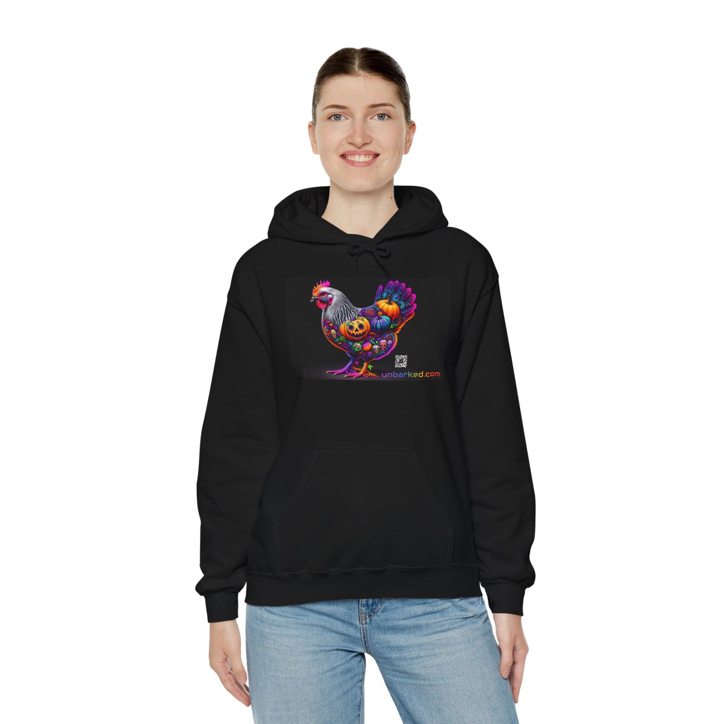 Unisex Heavy Blend™ Hooded Sweatshirt UNBARKED! Halloween Collection - Silver Laced Wyndotte Chicken Vibrant Día de Muertos Tattoo