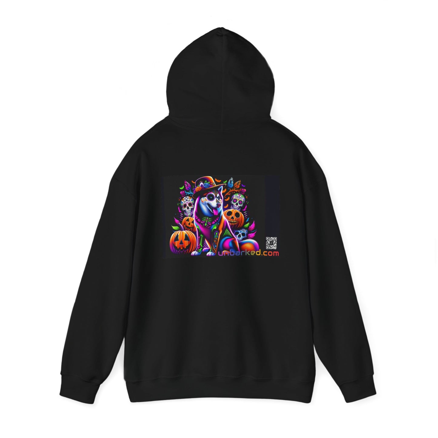 Unisex Heavy Blend™ Hooded Sweatshirt UNBARKED! Halloween Collection - Husky/ Alaskan Malamute Dog Vibrant Día de Muertos Tattoo