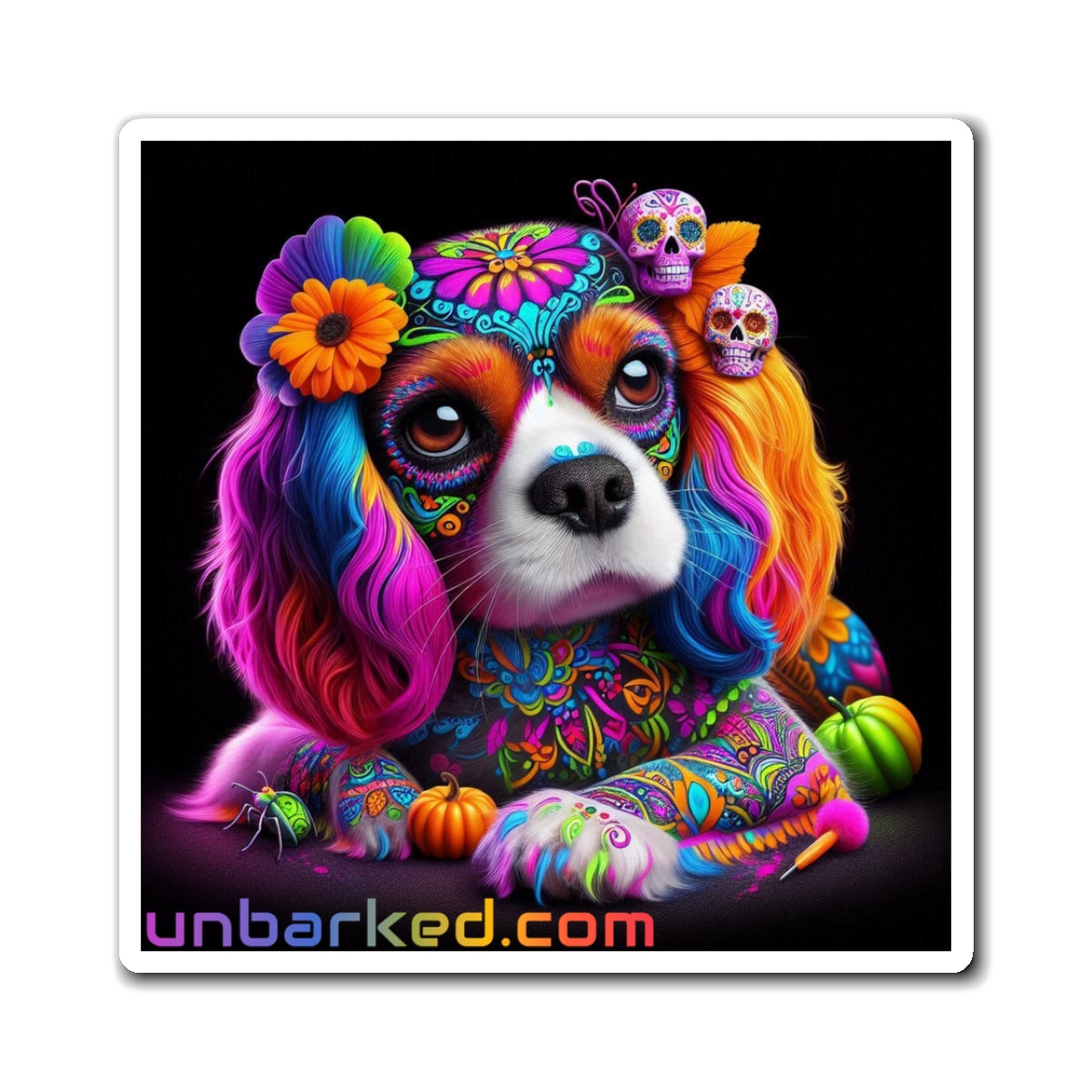 3" Square Magnet - UNBARKED! Halloween Collection - Cavalier King Charles Spaniel Dog Vibrant Día de Muertos Tattoo