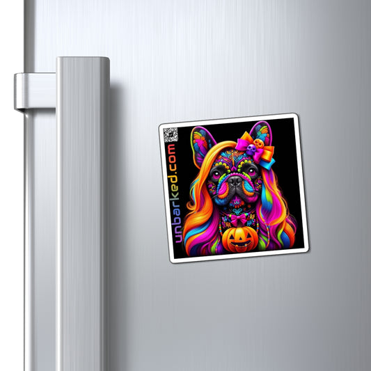 3" Square Magnet - UNBARKED! Halloween Collection - Frenchie Dog French Bull Dog Vibrant Día de Muertos Tattoo