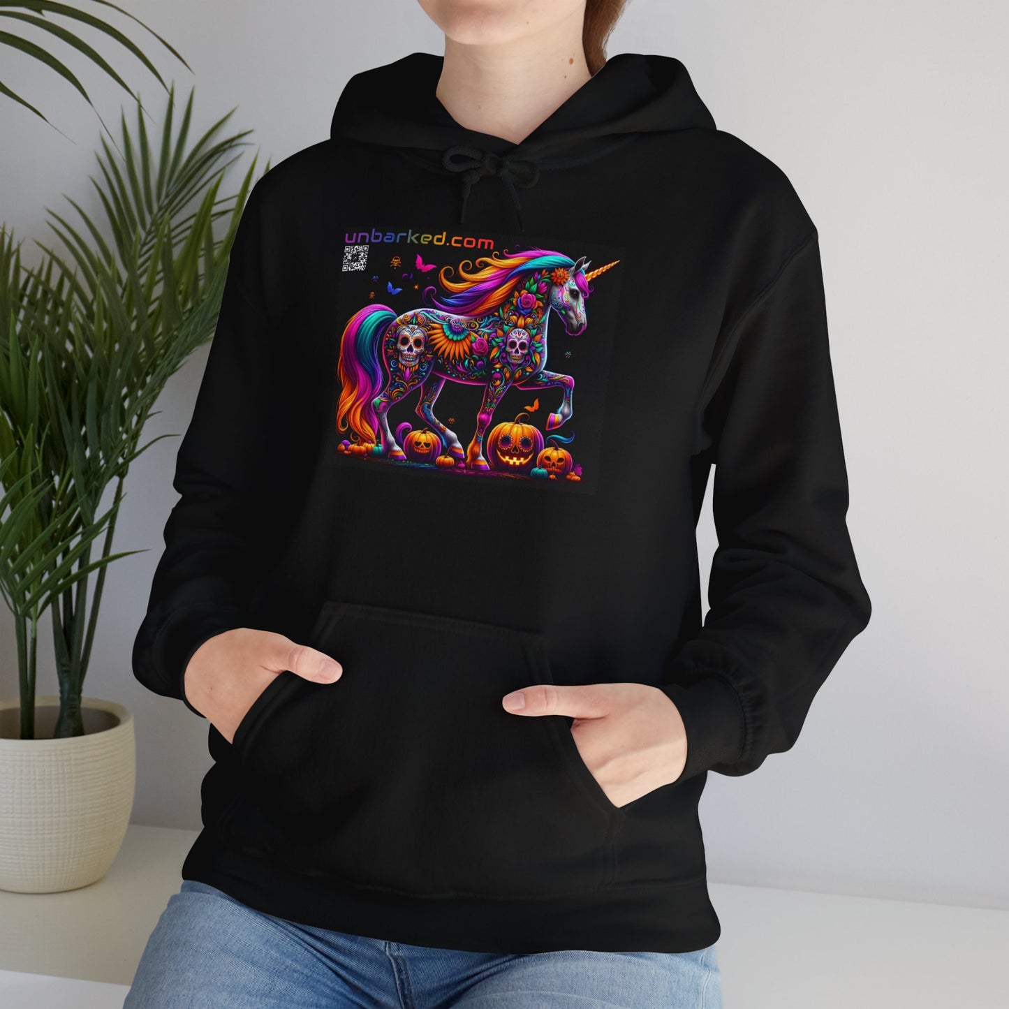 Unisex Heavy Blend™ Hooded Sweatshirt UNBARKED! Halloween Collection - Unicorn Vibrant Día de Muertos Tattoo