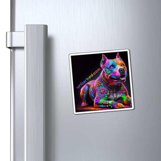 3" Square Magnet - UNBARKED! Halloween Collection - Pitbull Dog Pittie Vibrant Día de Muertos Tattoo