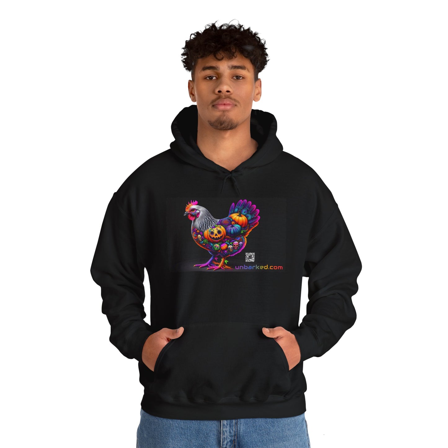 Unisex Heavy Blend™ Hooded Sweatshirt UNBARKED! Halloween Collection - Silver Laced Wyndotte Chicken Vibrant Día de Muertos Tattoo