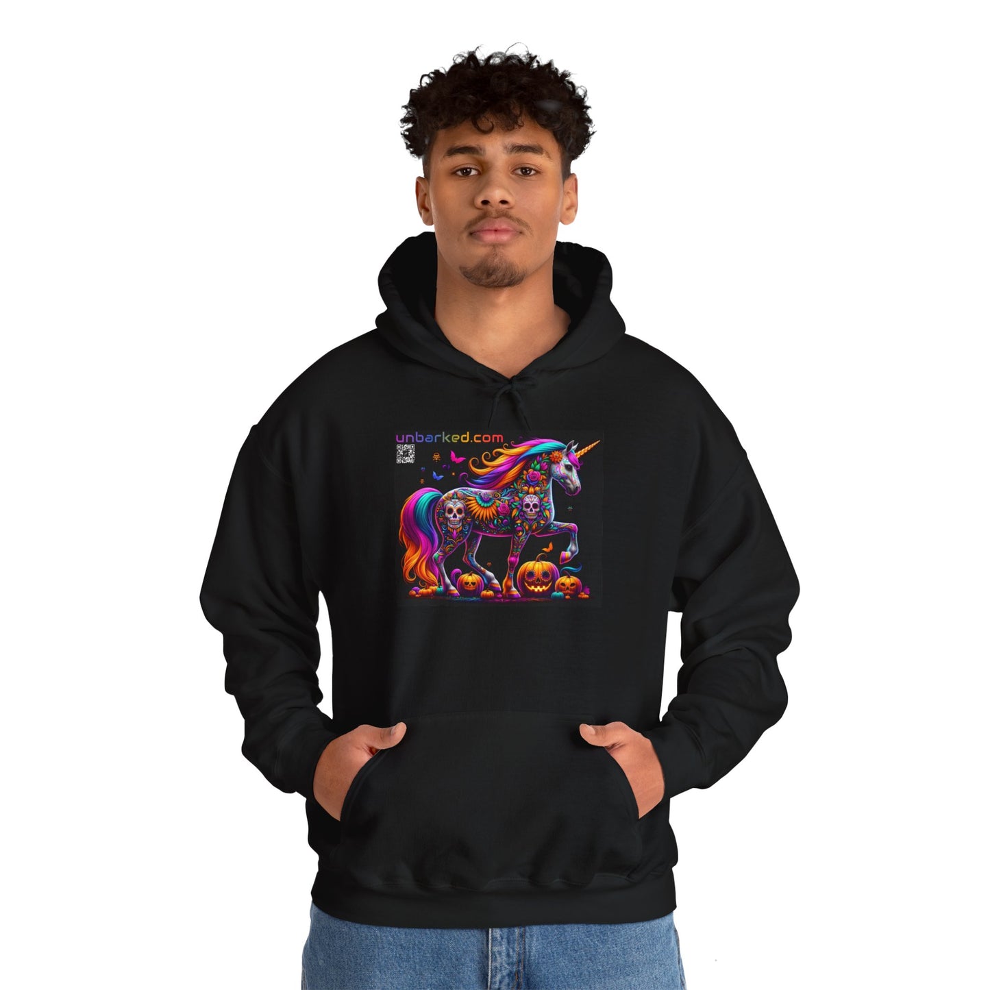 Unisex Heavy Blend™ Hooded Sweatshirt UNBARKED! Halloween Collection - Unicorn Vibrant Día de Muertos Tattoo