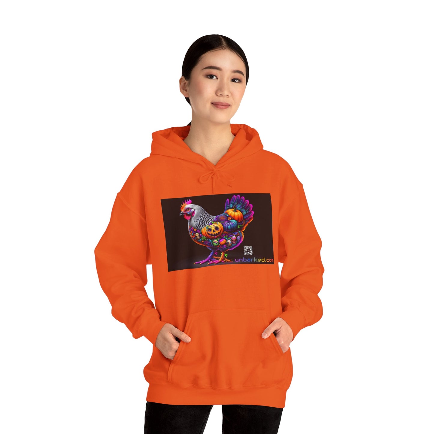 Unisex Heavy Blend™ Hooded Sweatshirt UNBARKED! Halloween Collection - Silver Laced Wyndotte Chicken Vibrant Día de Muertos Tattoo