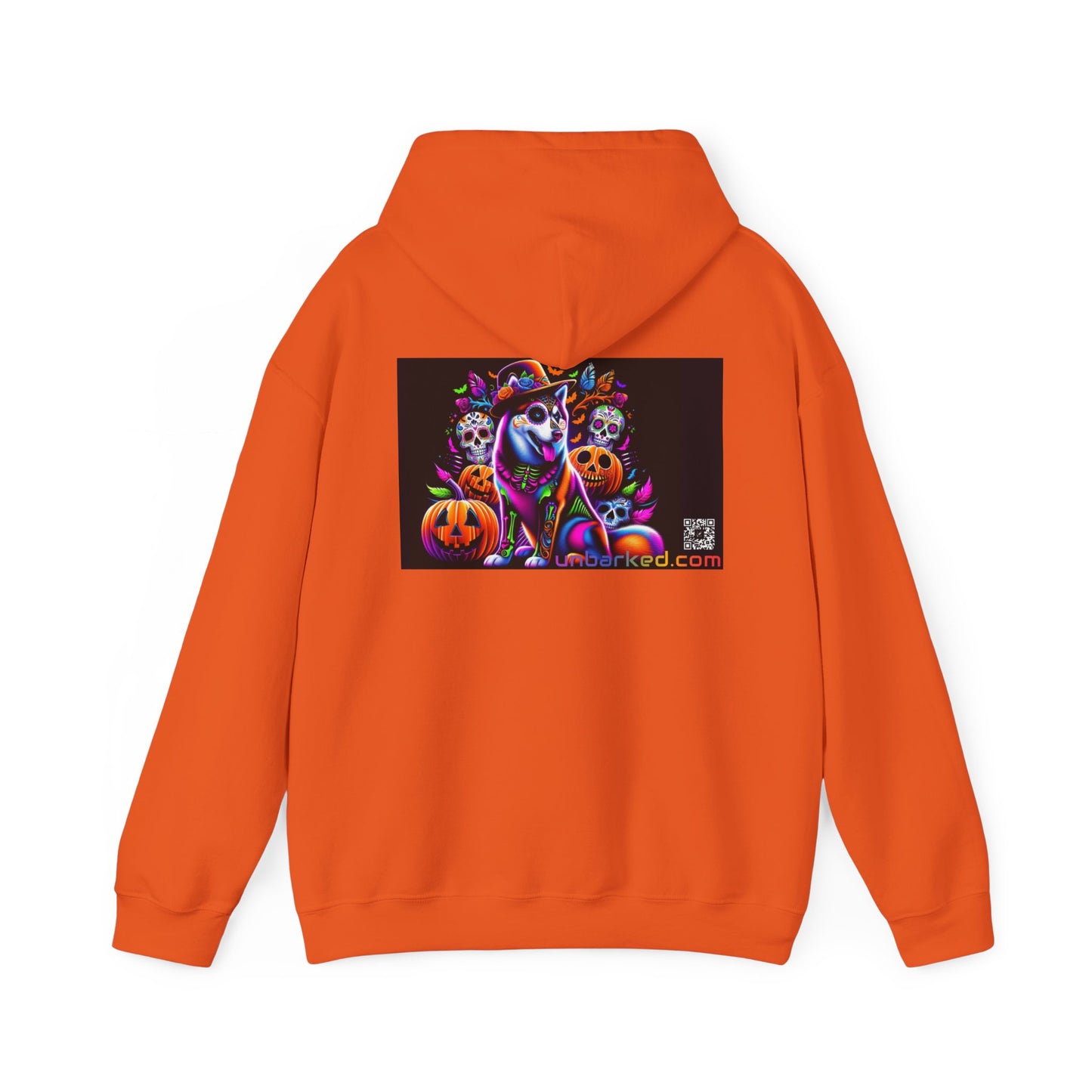 Unisex Heavy Blend™ Hooded Sweatshirt UNBARKED! Halloween Collection - Husky/ Alaskan Malamute Dog Vibrant Día de Muertos Tattoo