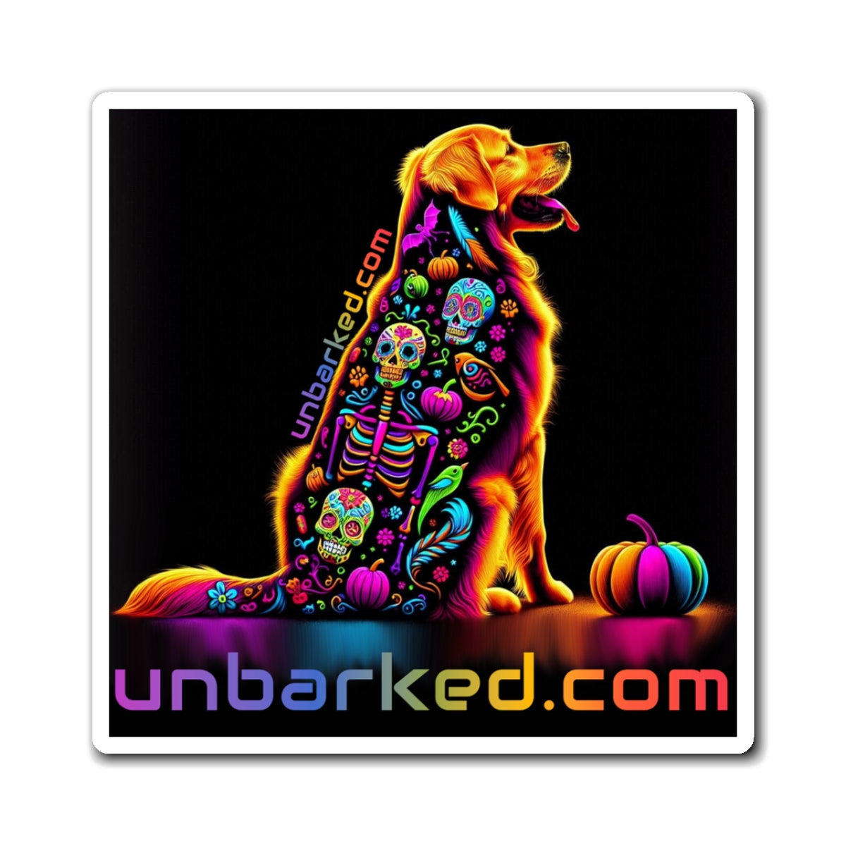 3" Square Magnet - UNBARKED! Halloween Collection - Golden Retreiver Dog Vibrant Día de Muertos Tattoo