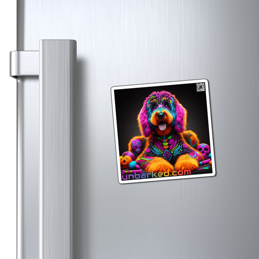 3" Square Magnet - UNBARKED! Halloween Collection - Bernadoodle Doodle Dog Vibrant Día de Muertos Tattoo