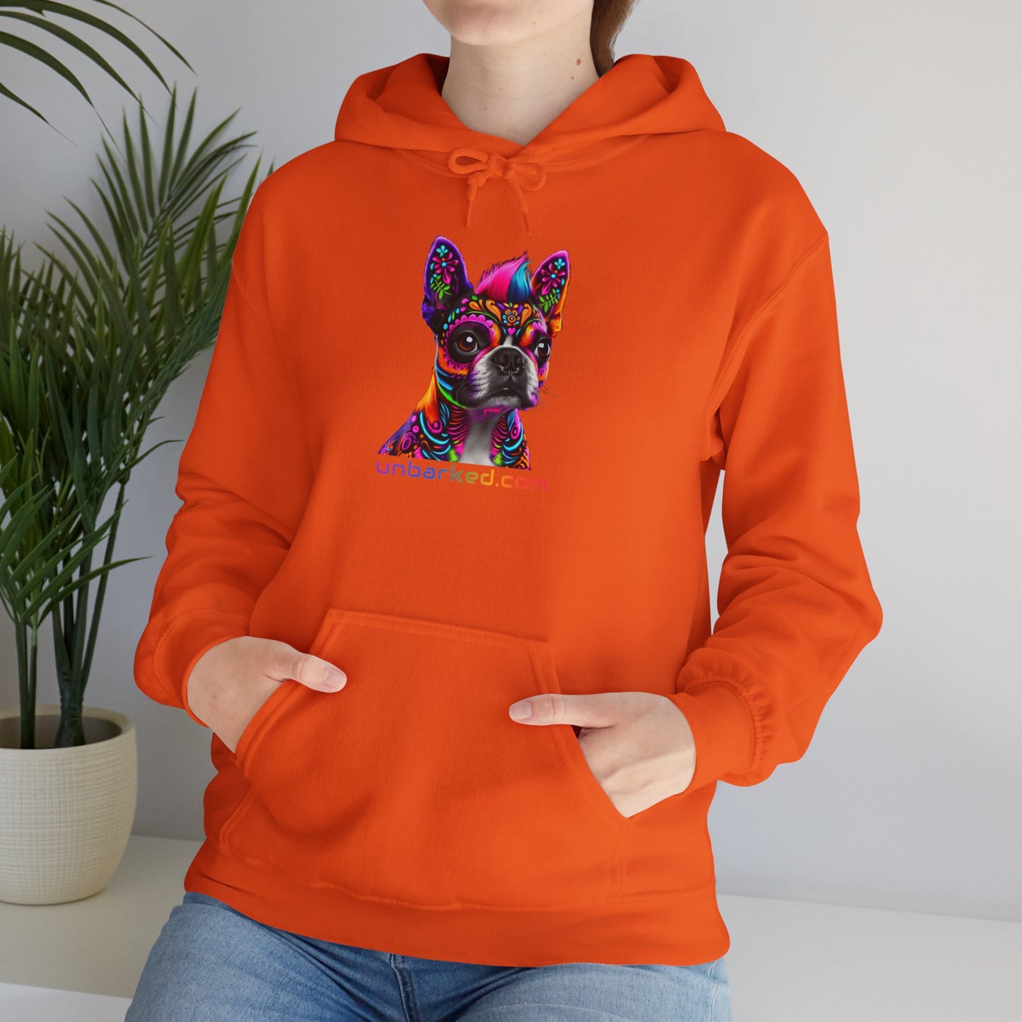 Hooded Sweatshirt UNBARKED! Halloween Collection - Boston Terrier Dog Vibrant Día de Muertos Tattoo Hoodie Unisex Heavy Blend™