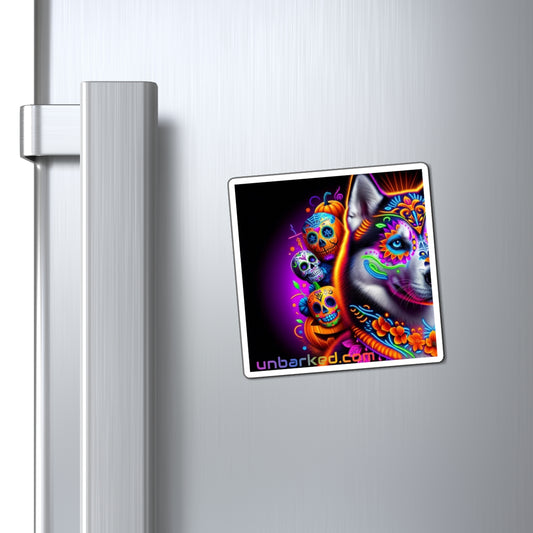 3" Square Magnet - UNBARKED! Halloween Collection - Husky Alaskan Malamute Dog Vibrant Día de Muertos Tattoo