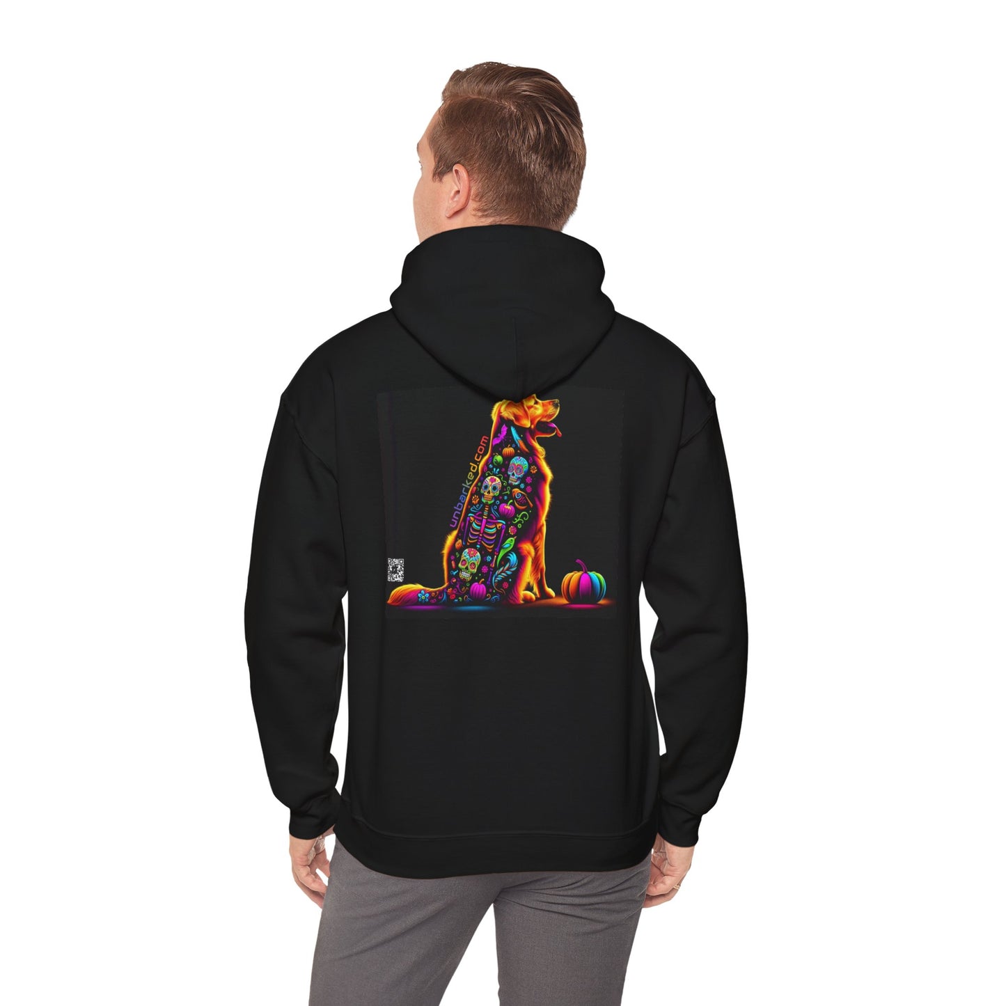 Unisex Heavy Blend™ Hooded Sweatshirt UNBARKED! Halloween Collection - Golden Retreiver Dog Vibrant Día de Muertos Tattoo