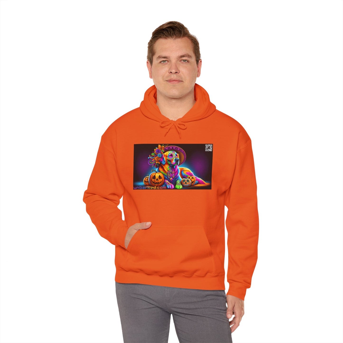 Unisex Heavy Blend™ Hooded Sweatshirt UNBARKED! Halloween Collection - Golden Retreiver Dog Vibrant Día de Muertos Tattoo