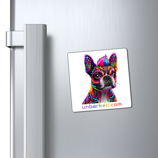 3" Square Magnet - UNBARKED! Halloween Collection - Boston Terrier Dog Vibrant Día de Muertos Tattoo