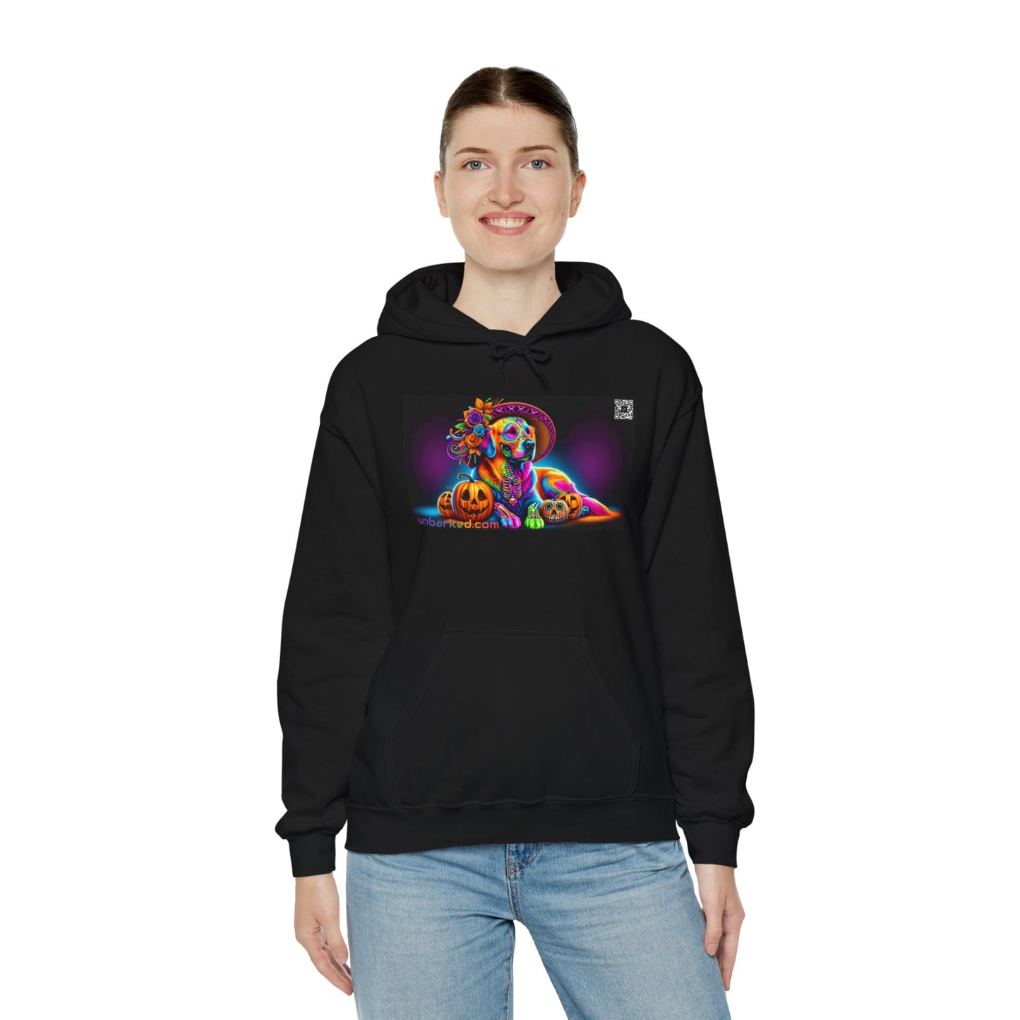 Unisex Heavy Blend™ Hooded Sweatshirt UNBARKED! Halloween Collection - Golden Retreiver Dog Vibrant Día de Muertos Tattoo