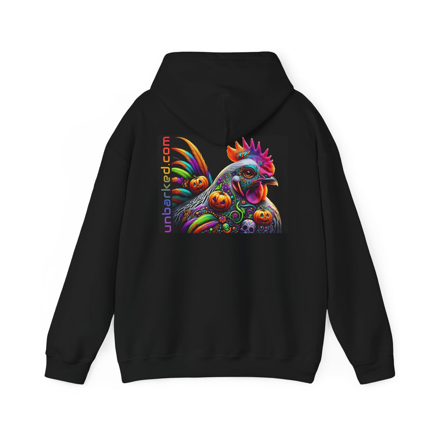 Unisex Heavy Blend™ Hooded Sweatshirt UNBARKED! Halloween Collection - Silver Laced Wyndotte Chicken Vibrant Día de Muertos Tattoo