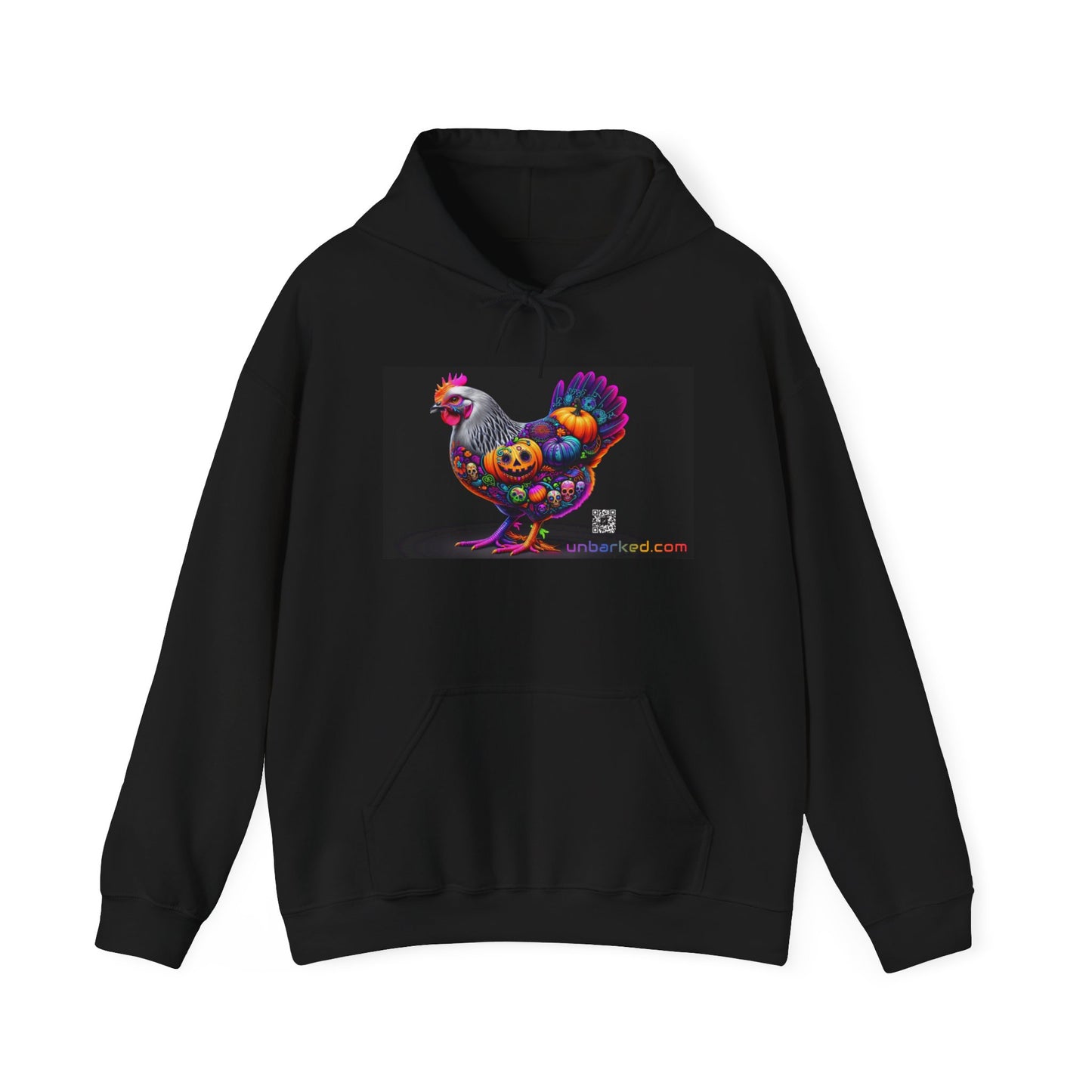 Unisex Heavy Blend™ Hooded Sweatshirt UNBARKED! Halloween Collection - Silver Laced Wyndotte Chicken Vibrant Día de Muertos Tattoo