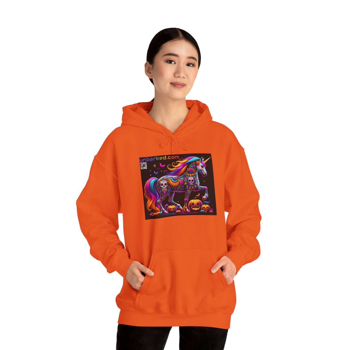 Unisex Heavy Blend™ Hooded Sweatshirt UNBARKED! Halloween Collection - Unicorn Vibrant Día de Muertos Tattoo