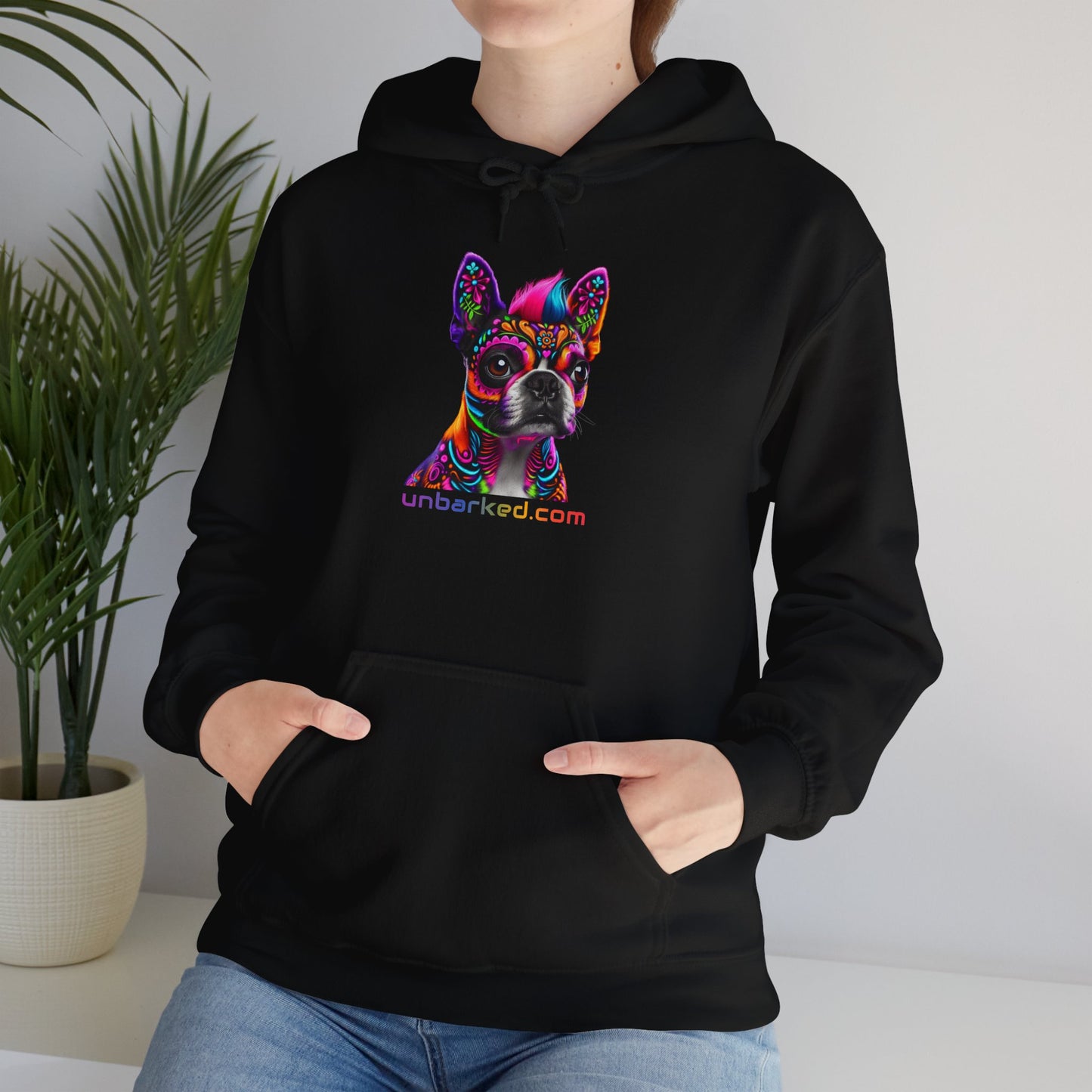 Hooded Sweatshirt UNBARKED! Halloween Collection - Boston Terrier Dog Vibrant Día de Muertos Tattoo Hoodie Unisex Heavy Blend™