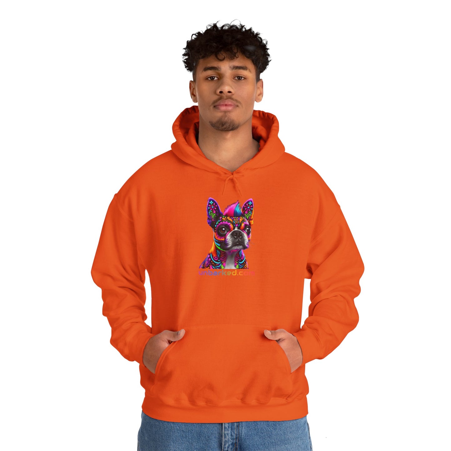 Hooded Sweatshirt UNBARKED! Halloween Collection - Boston Terrier Dog Vibrant Día de Muertos Tattoo Hoodie Unisex Heavy Blend™