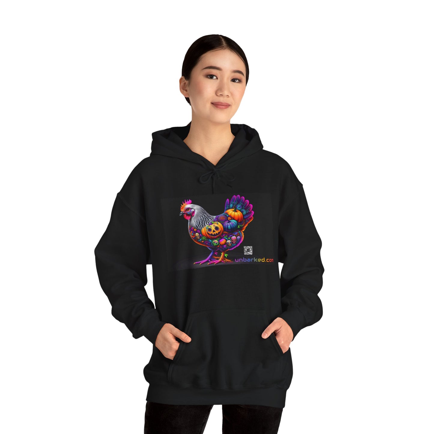 Unisex Heavy Blend™ Hooded Sweatshirt UNBARKED! Halloween Collection - Silver Laced Wyndotte Chicken Vibrant Día de Muertos Tattoo