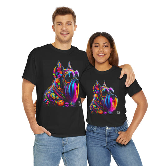 UNBARKED! Halloween Collection - Schnauzer Dog Vibrant Día de Muertos Tattoo Unisex Heavy Cotton Tee