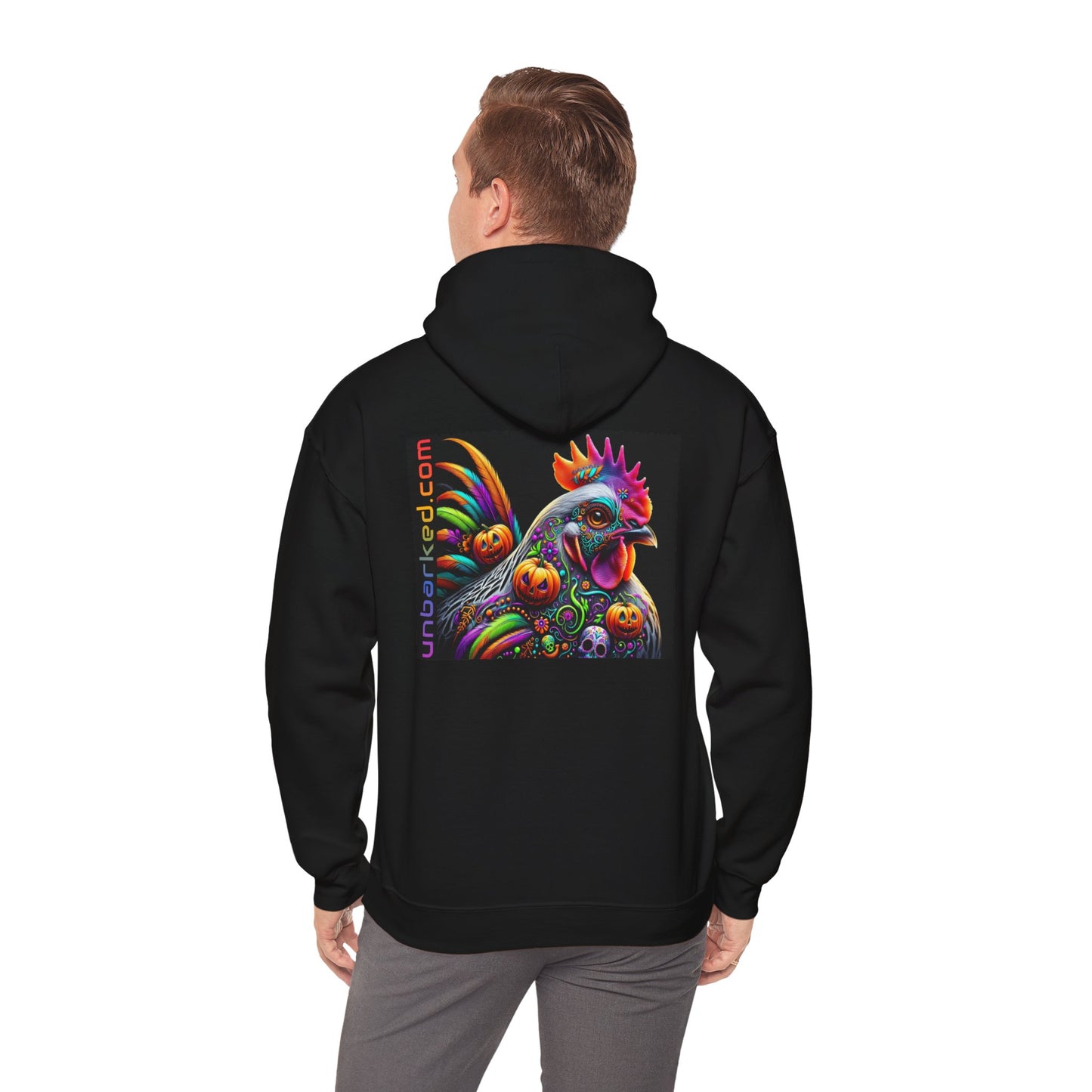 Unisex Heavy Blend™ Hooded Sweatshirt UNBARKED! Halloween Collection - Silver Laced Wyndotte Chicken Vibrant Día de Muertos Tattoo