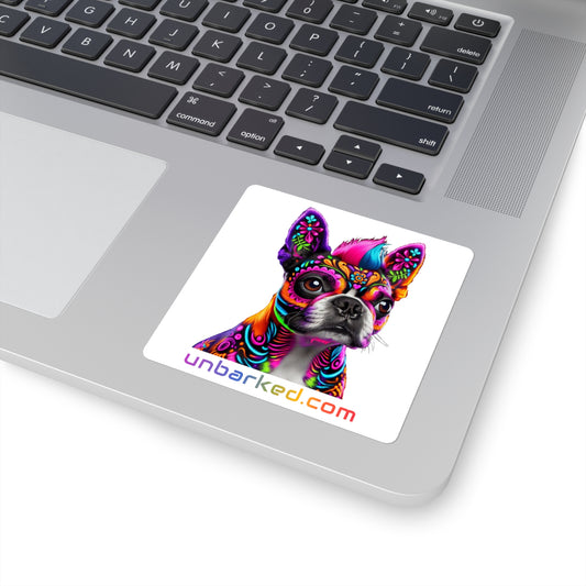 3x3" Square Sticker UNBARKED! Halloween Collection - Boston Terrier Dog Vibrant Día de Muertos Tattoo