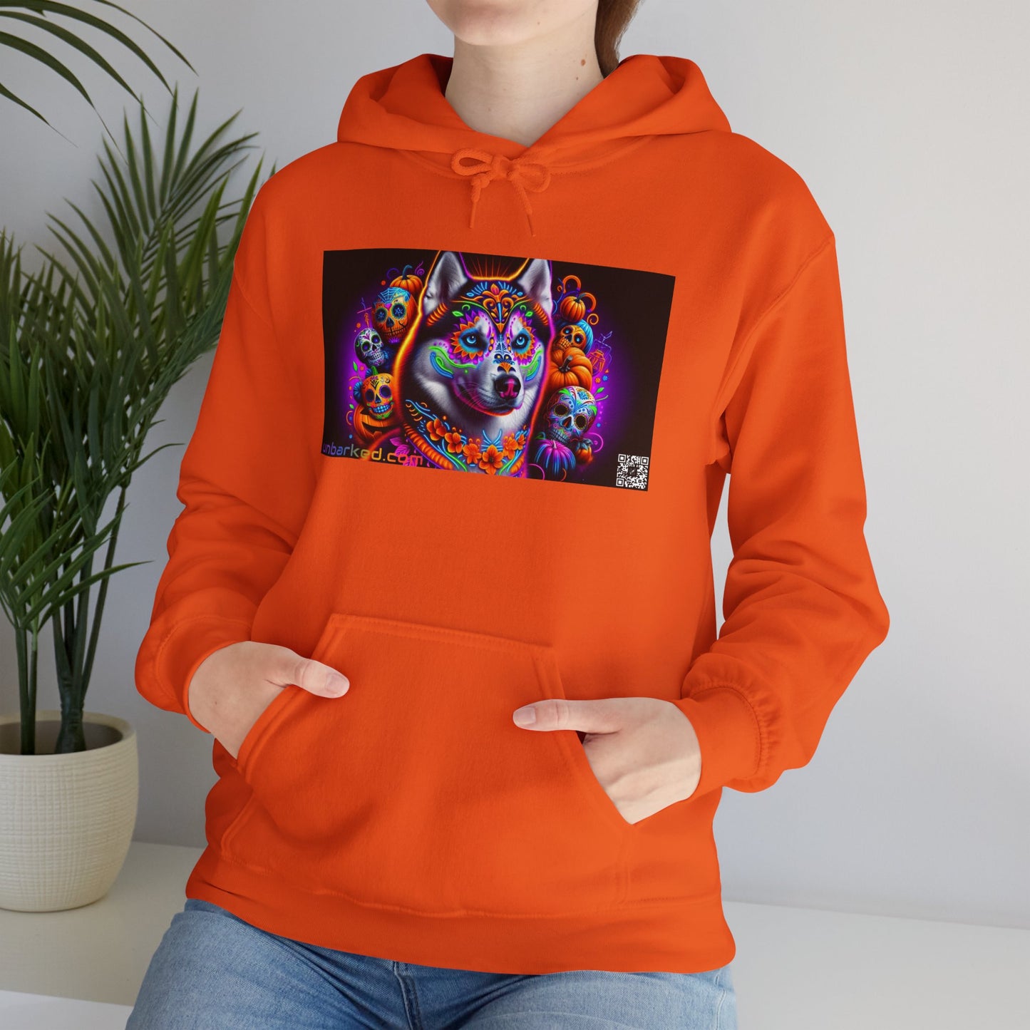 Unisex Heavy Blend™ Hooded Sweatshirt UNBARKED! Halloween Collection - Husky/ Alaskan Malamute Dog Vibrant Día de Muertos Tattoo