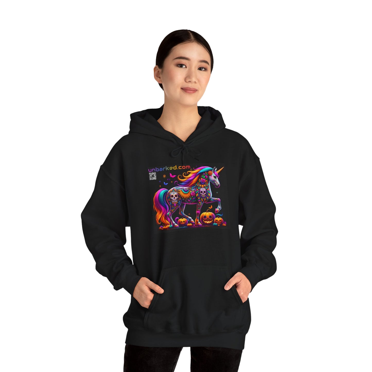 Unisex Heavy Blend™ Hooded Sweatshirt UNBARKED! Halloween Collection - Unicorn Vibrant Día de Muertos Tattoo