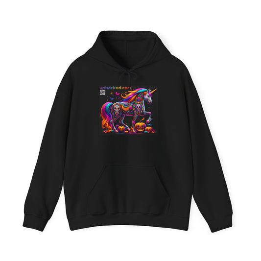 Unisex Heavy Blend™ Hooded Sweatshirt UNBARKED! Halloween Collection - Unicorn Vibrant Día de Muertos Tattoo