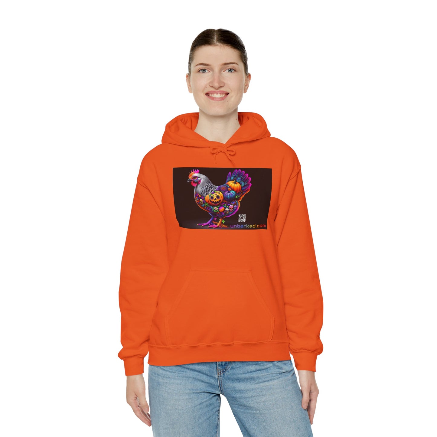 Unisex Heavy Blend™ Hooded Sweatshirt UNBARKED! Halloween Collection - Silver Laced Wyndotte Chicken Vibrant Día de Muertos Tattoo