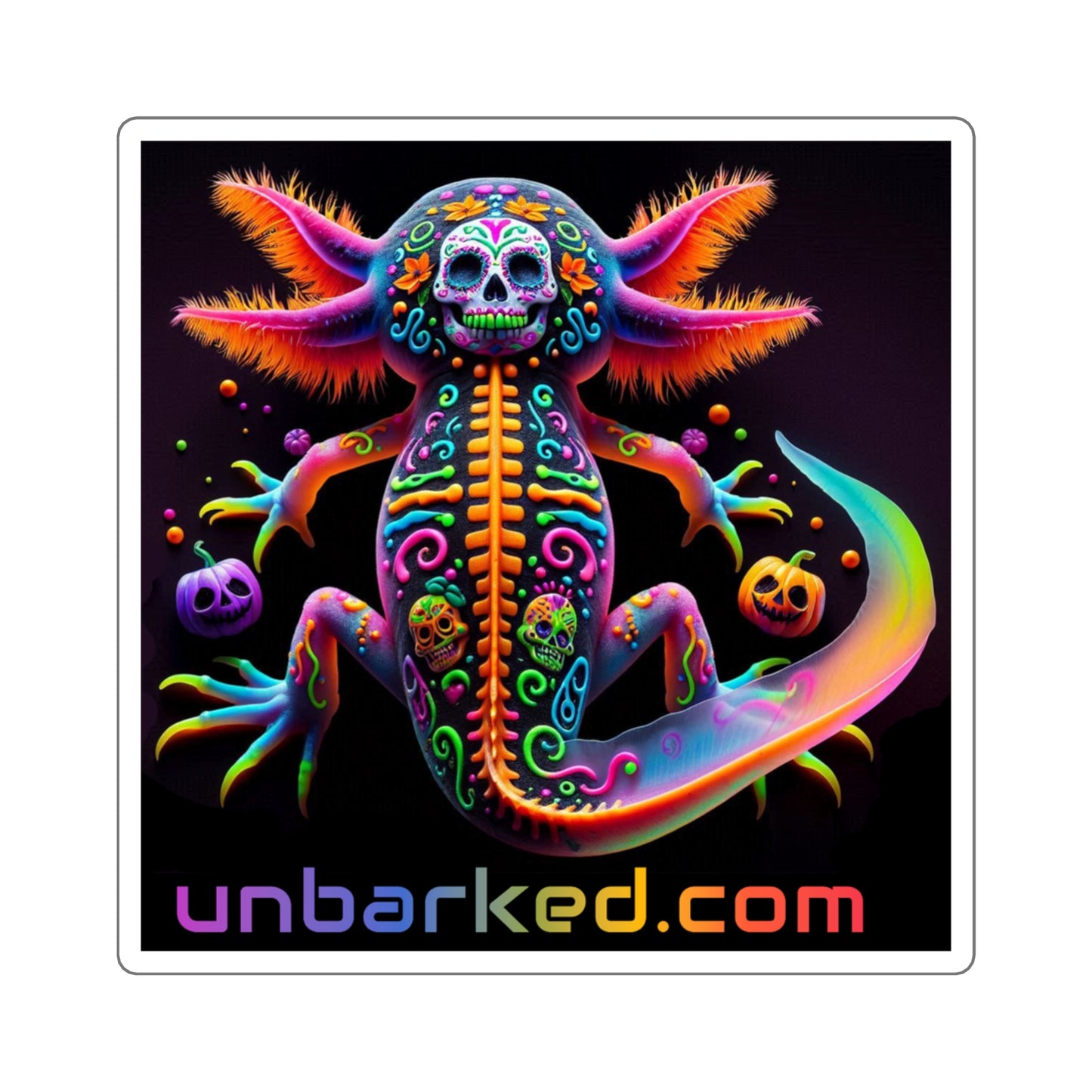 3x3" Square Sticker UNBARKED! Halloween Collection - Axolotl Vibrant Día de Muertos Tattoo