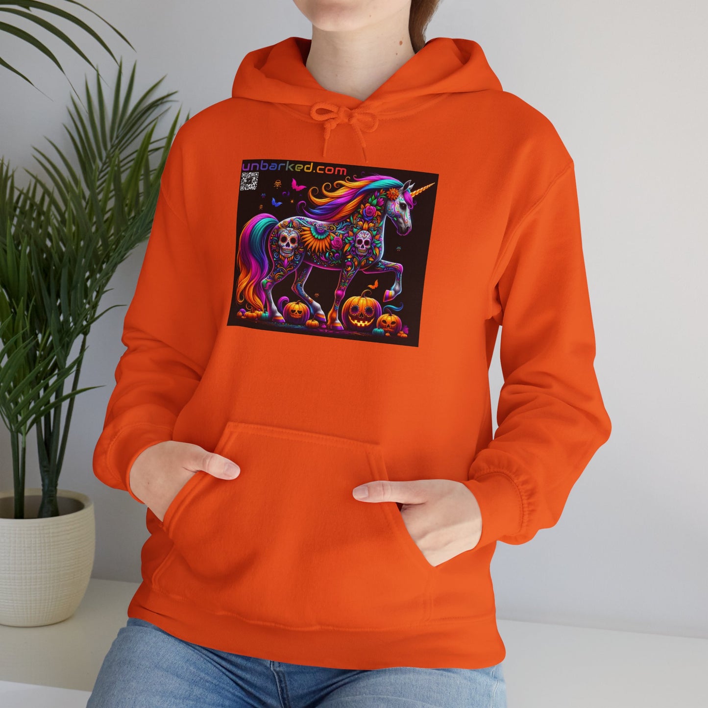 Unisex Heavy Blend™ Hooded Sweatshirt UNBARKED! Halloween Collection - Unicorn Vibrant Día de Muertos Tattoo