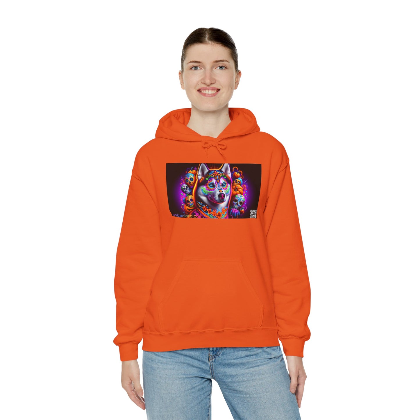 Unisex Heavy Blend™ Hooded Sweatshirt UNBARKED! Halloween Collection - Husky/ Alaskan Malamute Dog Vibrant Día de Muertos Tattoo