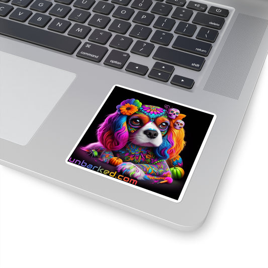 3x3" Square Sticker UNBARKED! Halloween Collection - Cavalier King Charles Spaniel Dog Vibrant Día de Muertos Tattoo