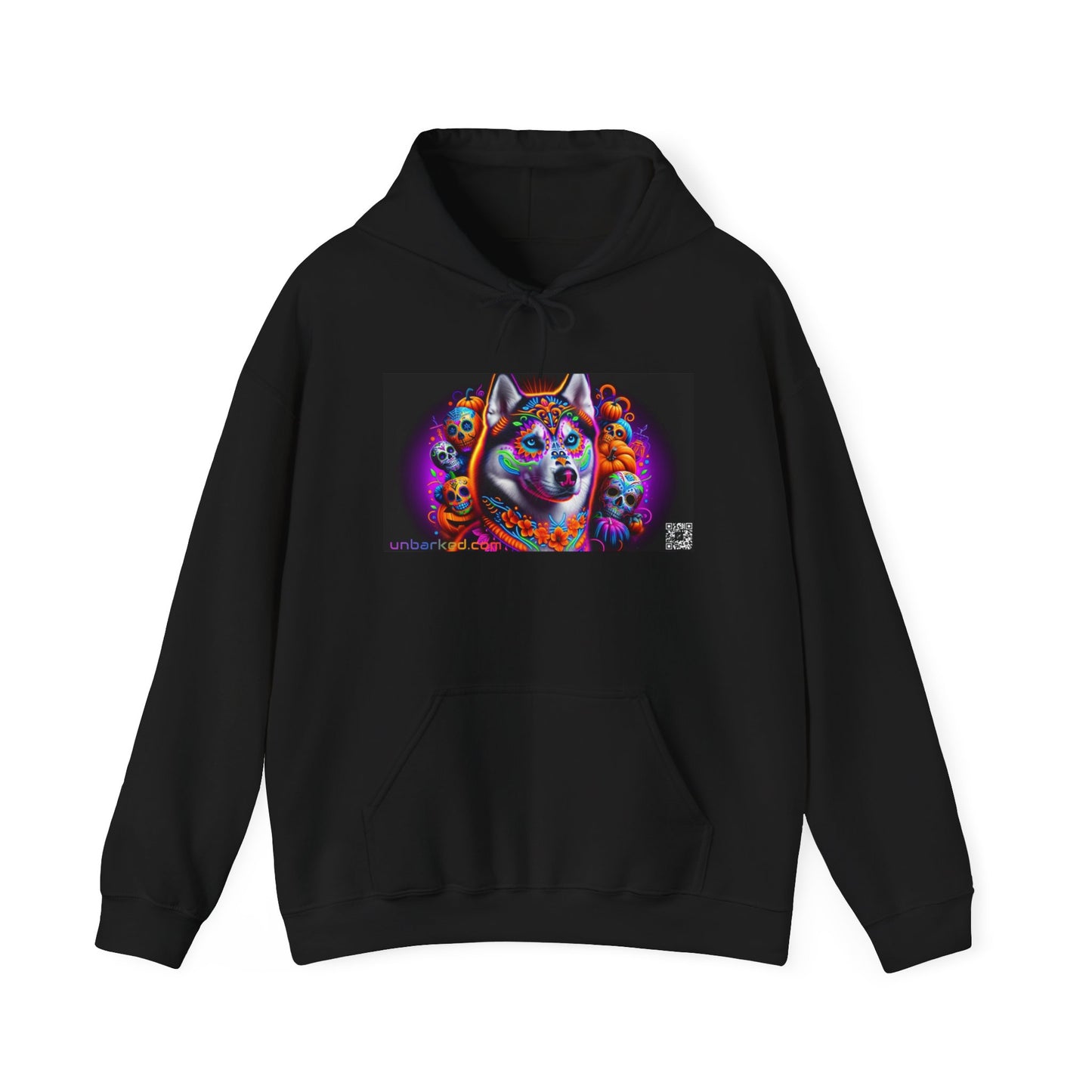 Unisex Heavy Blend™ Hooded Sweatshirt UNBARKED! Halloween Collection - Husky/ Alaskan Malamute Dog Vibrant Día de Muertos Tattoo