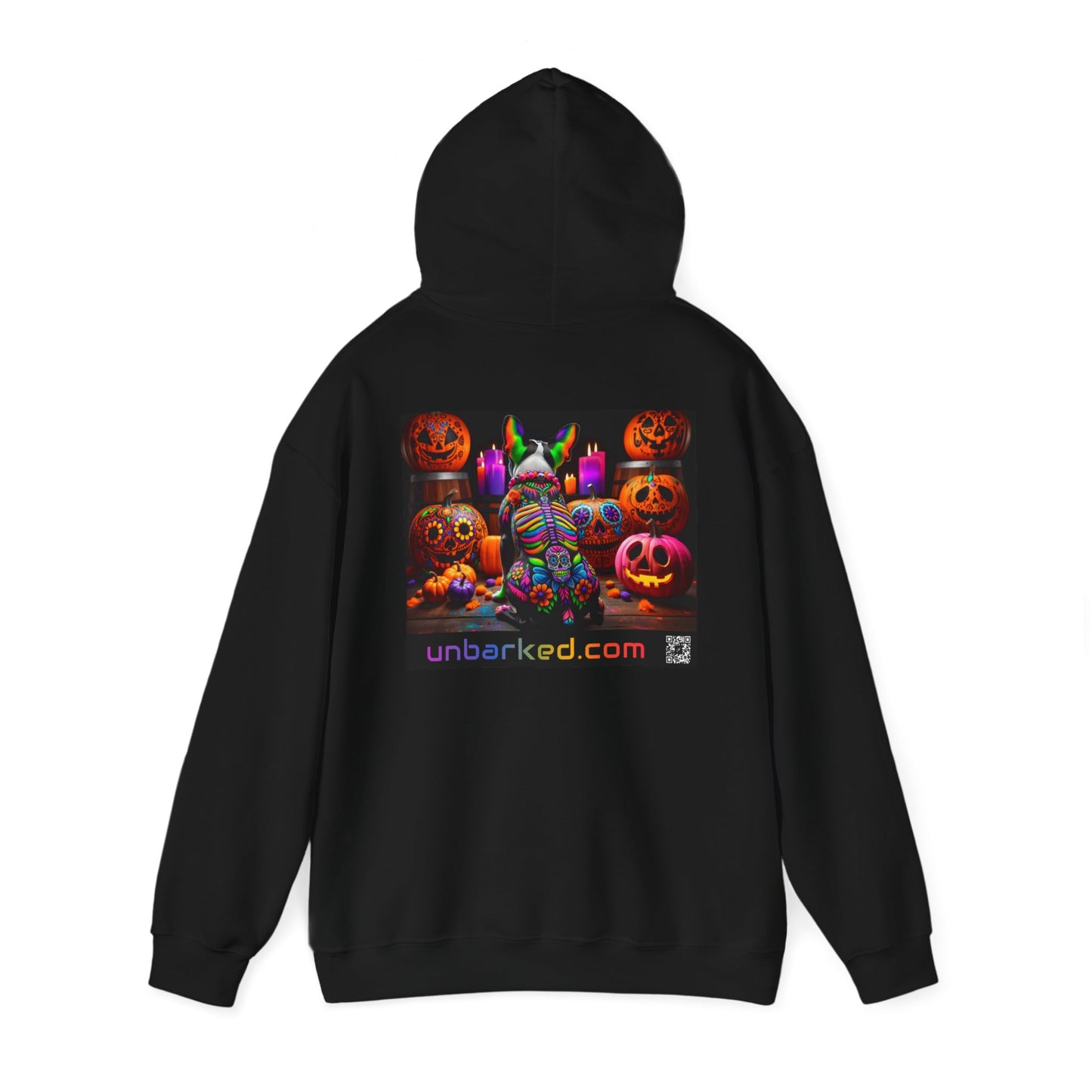 Hooded Sweatshirt UNBARKED! Halloween Collection - Boston Terrier Dog Vibrant Día de Muertos Tattoo Hoodie Unisex Heavy Blend™