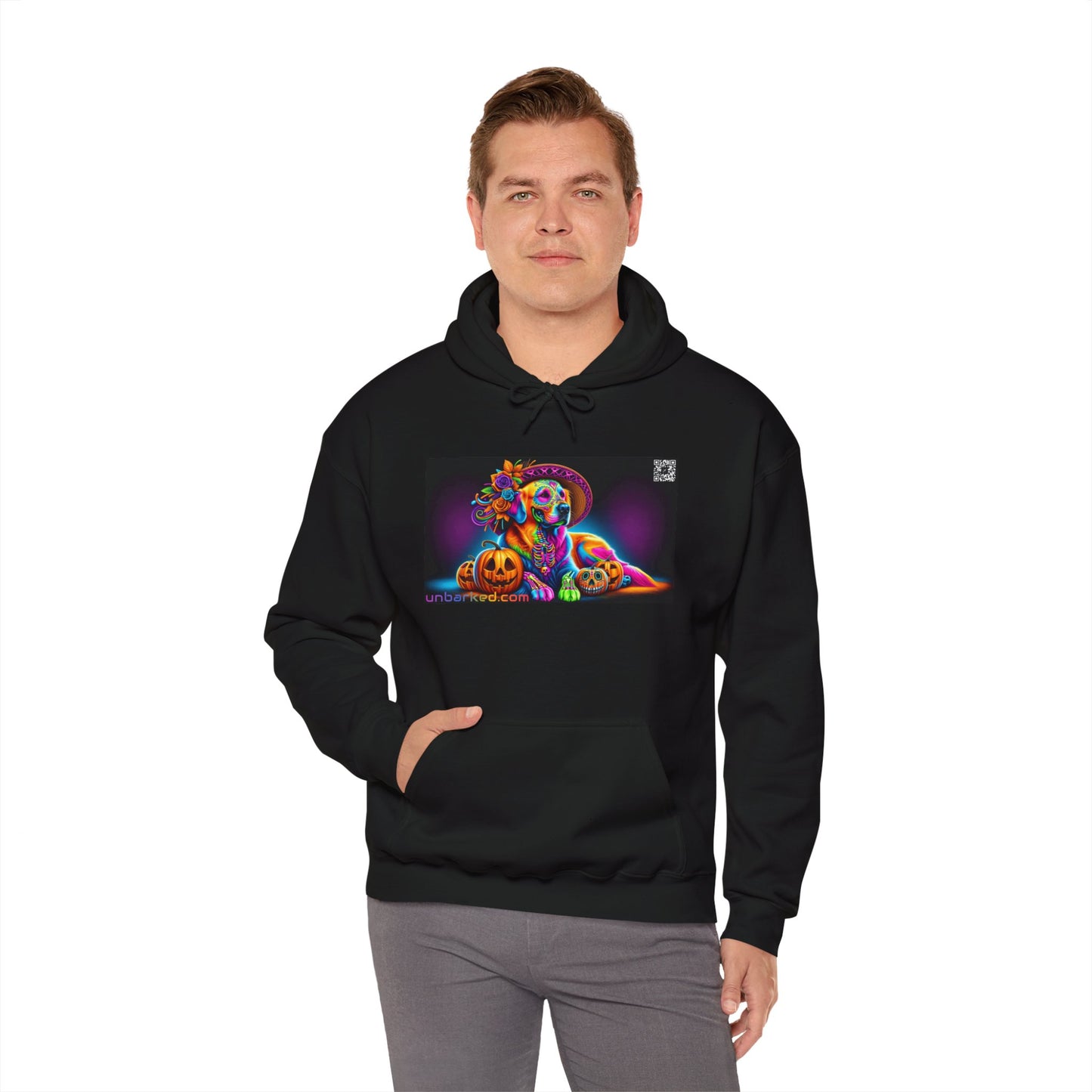 Unisex Heavy Blend™ Hooded Sweatshirt UNBARKED! Halloween Collection - Golden Retreiver Dog Vibrant Día de Muertos Tattoo