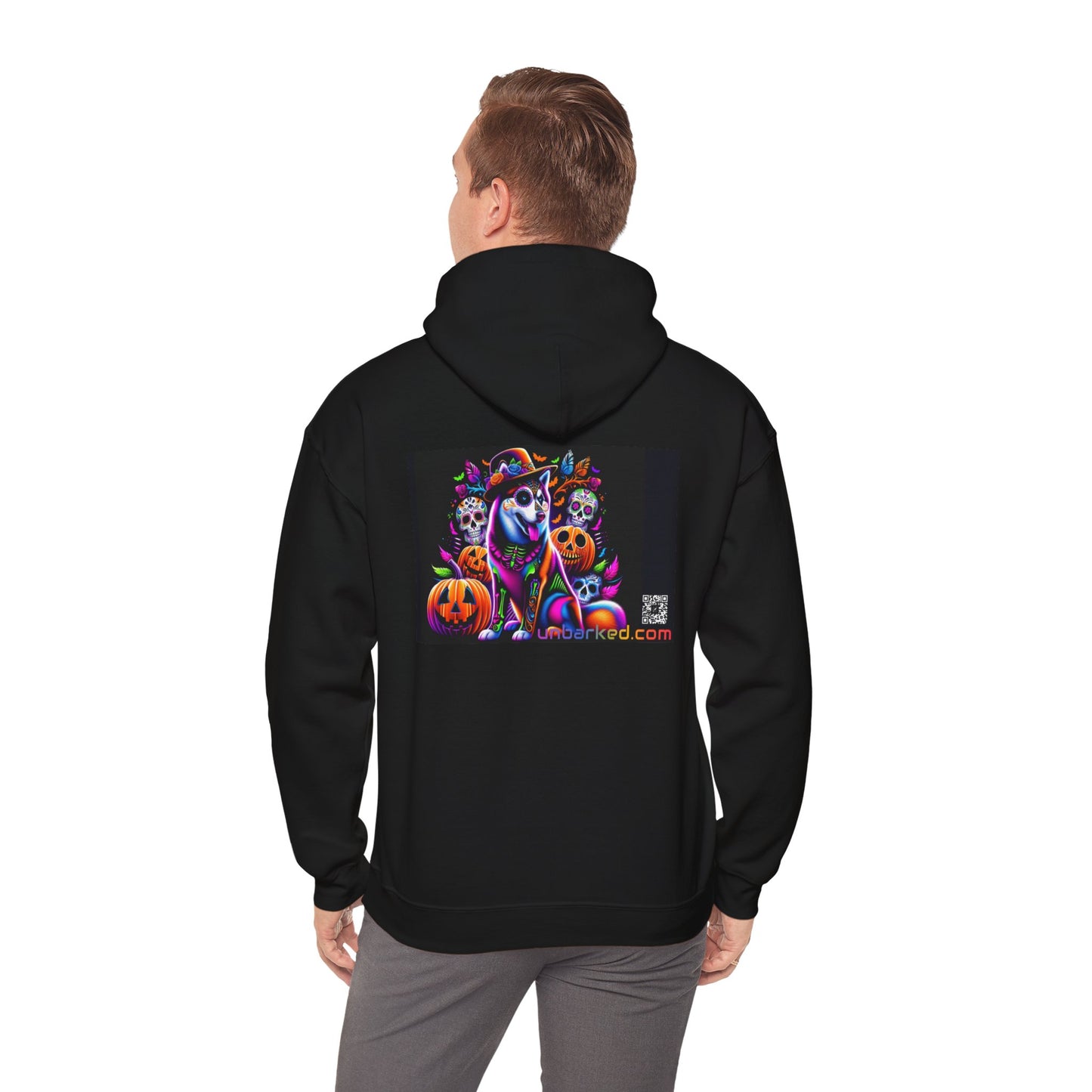 Unisex Heavy Blend™ Hooded Sweatshirt UNBARKED! Halloween Collection - Husky/ Alaskan Malamute Dog Vibrant Día de Muertos Tattoo