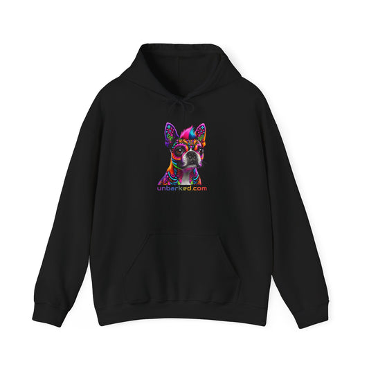 Hooded Sweatshirt UNBARKED! Halloween Collection - Boston Terrier Dog Vibrant Día de Muertos Tattoo Hoodie Unisex Heavy Blend™