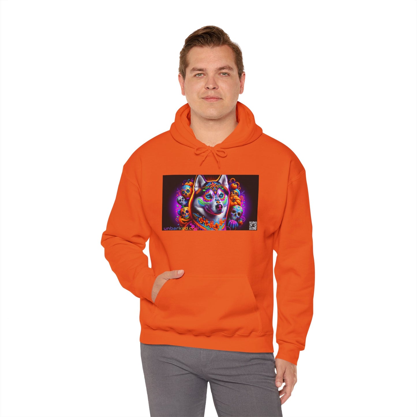 Unisex Heavy Blend™ Hooded Sweatshirt UNBARKED! Halloween Collection - Husky/ Alaskan Malamute Dog Vibrant Día de Muertos Tattoo