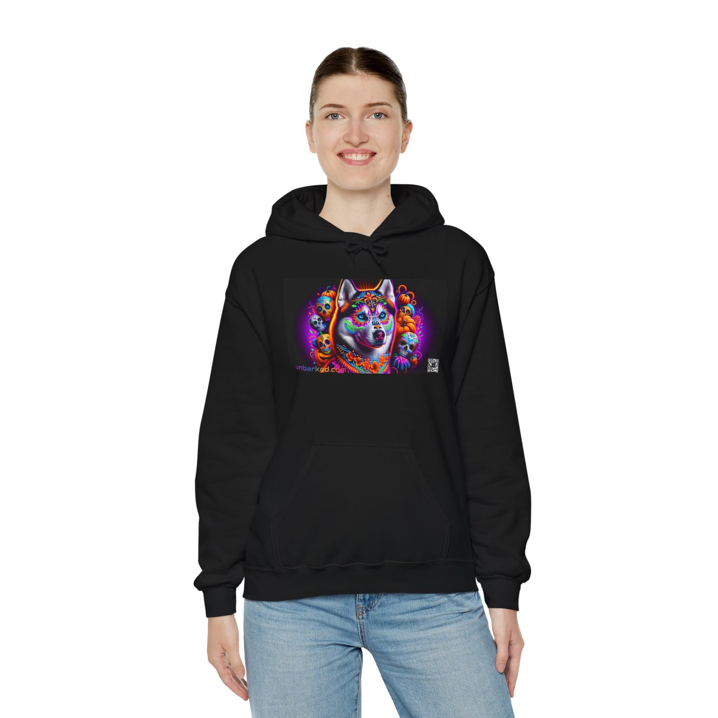 Unisex Heavy Blend™ Hooded Sweatshirt UNBARKED! Halloween Collection - Husky/ Alaskan Malamute Dog Vibrant Día de Muertos Tattoo