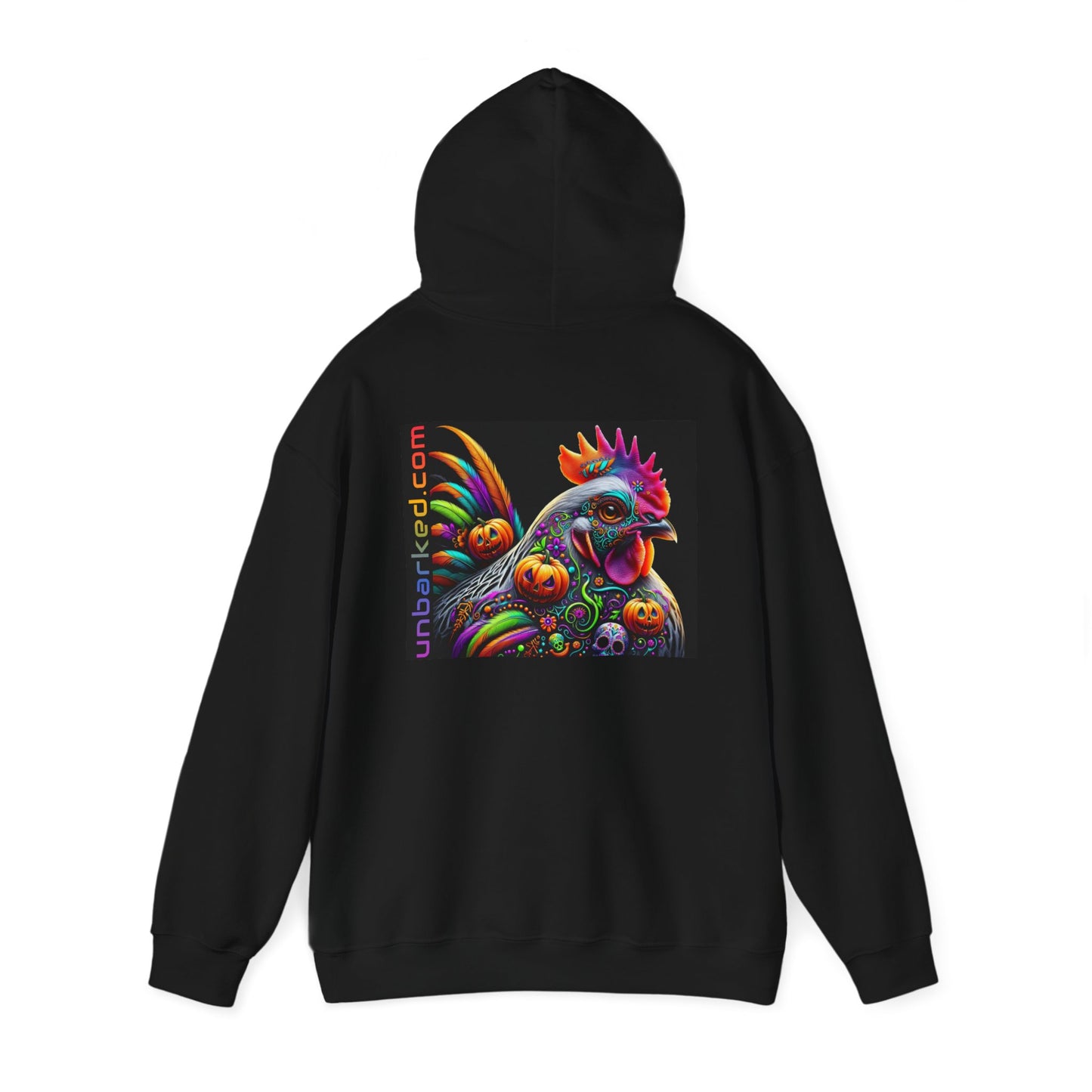 Unisex Heavy Blend™ Hooded Sweatshirt UNBARKED! Halloween Collection - Silver Laced Wyndotte Chicken Vibrant Día de Muertos Tattoo