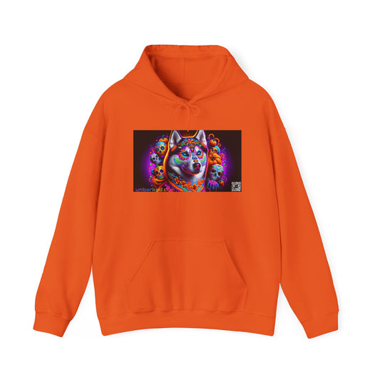 Unisex Heavy Blend™ Hooded Sweatshirt UNBARKED! Halloween Collection - Husky/ Alaskan Malamute Dog Vibrant Día de Muertos Tattoo