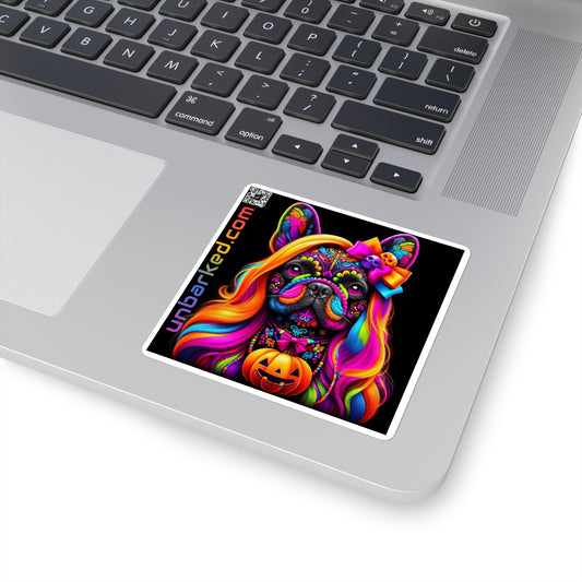 3x3" Square Sticker UNBARKED! Halloween Collection - Frenchie Dog Vibrant Día de Muertos Tattoo