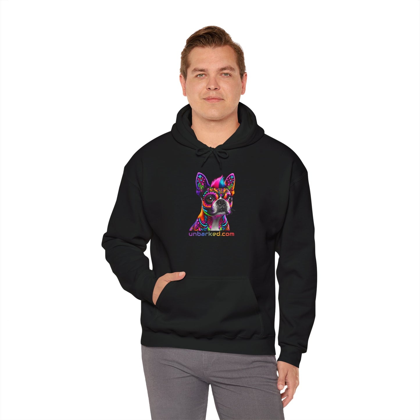 Hooded Sweatshirt UNBARKED! Halloween Collection - Boston Terrier Dog Vibrant Día de Muertos Tattoo Hoodie Unisex Heavy Blend™