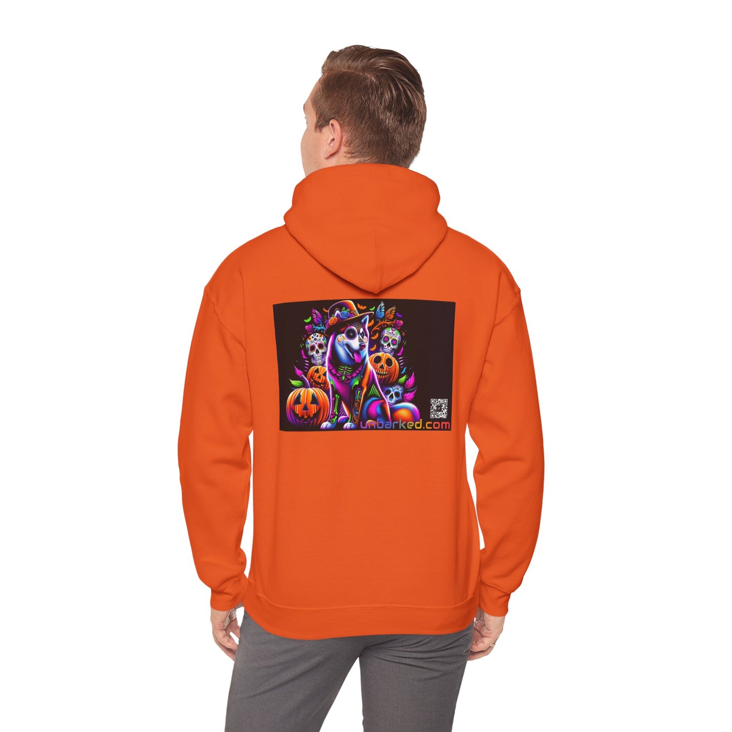 Unisex Heavy Blend™ Hooded Sweatshirt UNBARKED! Halloween Collection - Husky/ Alaskan Malamute Dog Vibrant Día de Muertos Tattoo