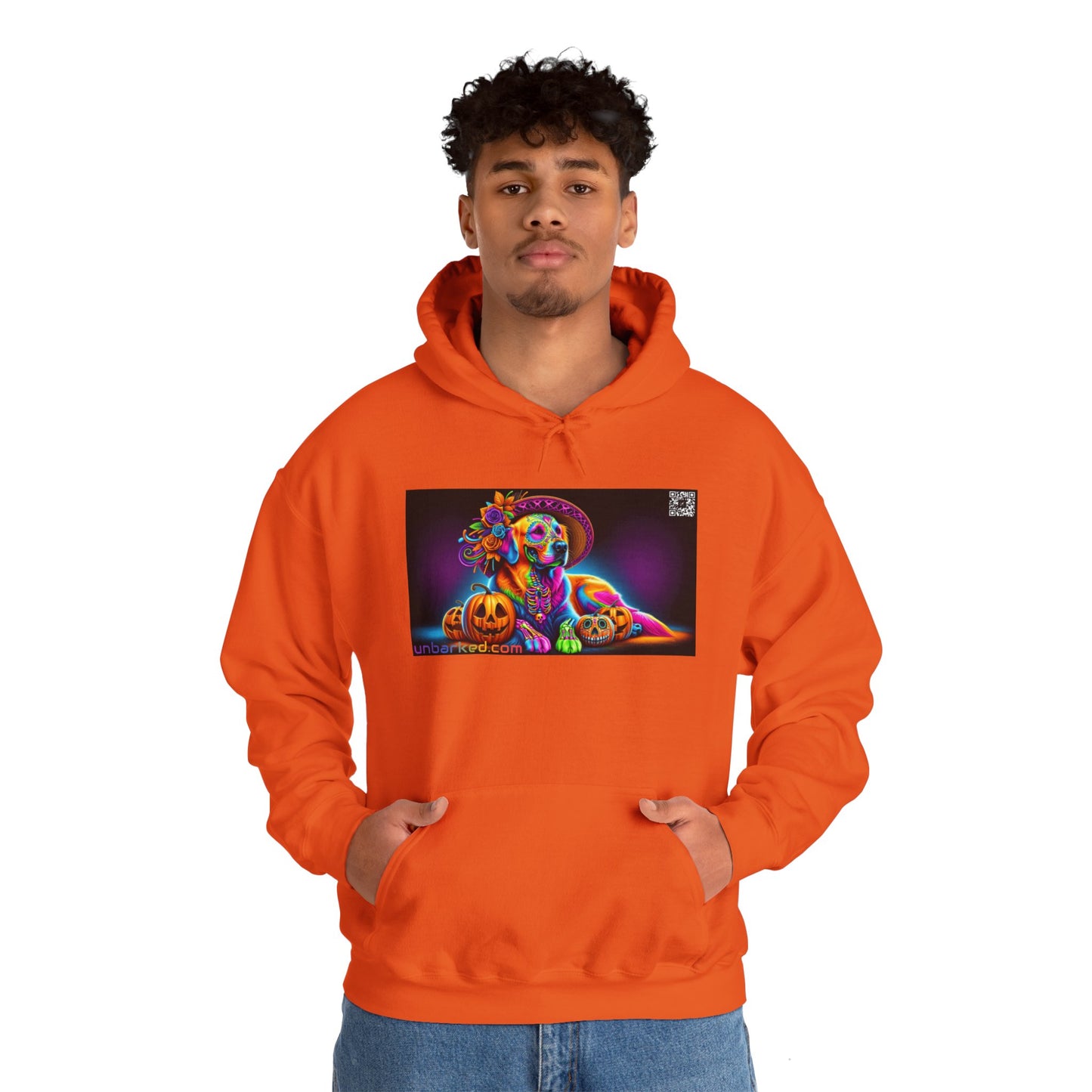 Unisex Heavy Blend™ Hooded Sweatshirt UNBARKED! Halloween Collection - Golden Retreiver Dog Vibrant Día de Muertos Tattoo