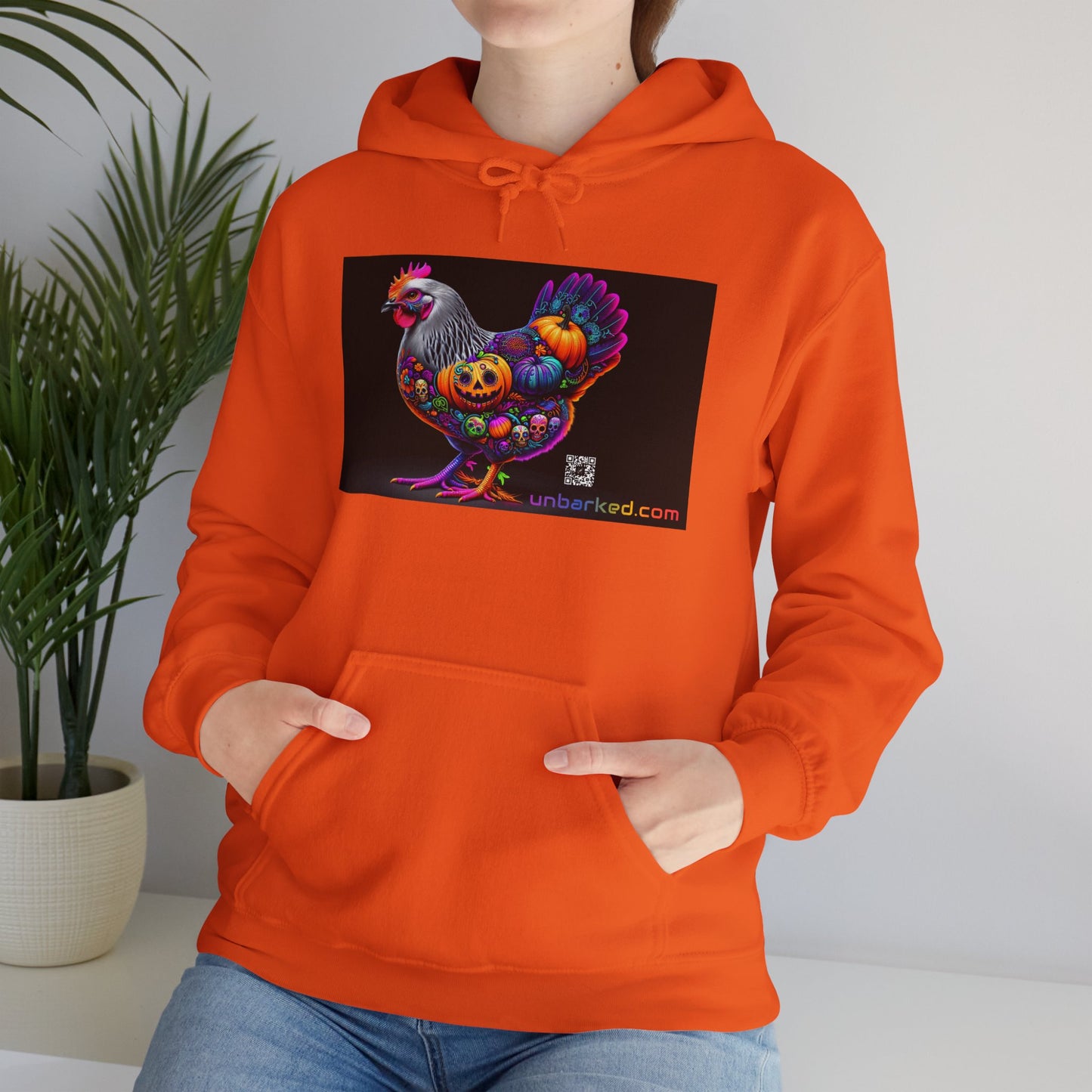 Unisex Heavy Blend™ Hooded Sweatshirt UNBARKED! Halloween Collection - Silver Laced Wyndotte Chicken Vibrant Día de Muertos Tattoo